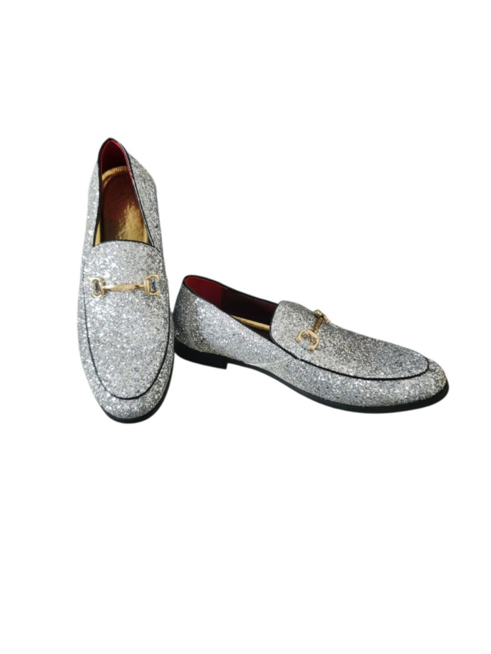 Men's Silver Glitter Loafers & Slip-Ons Men's Size 46 (12) with Gold Accent